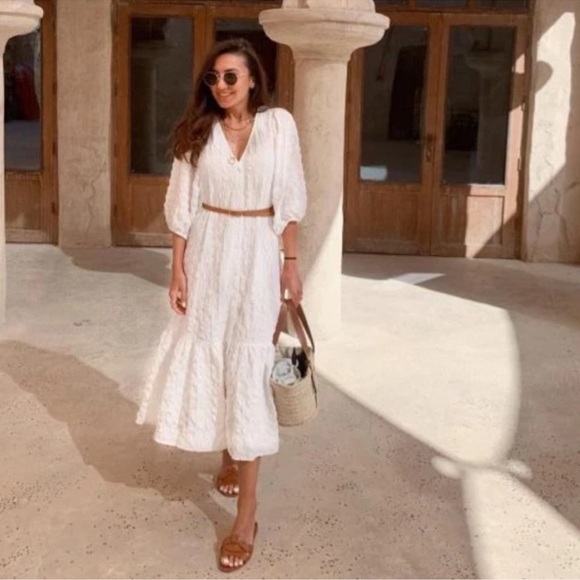 Zara White/Cream Puff Sleeves Textured Midi Dress Size S - Picture 5 of 8